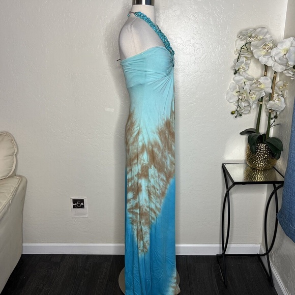 Sky Collection blue tie dye halter maxi Dress w/Turquoise Beading S - Picture 3 of 12